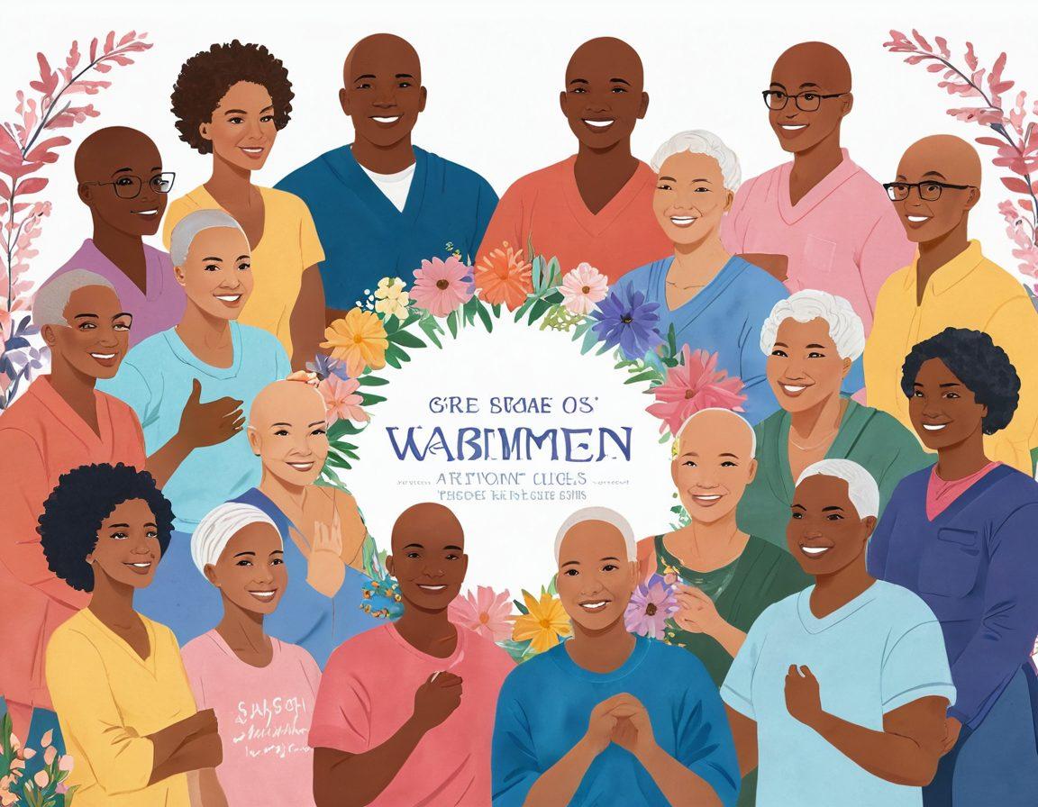 A powerful illustration of a diverse group of cancer warriors, uniting in a support circle, each expressing determination and hope as they share their stories. Surround them with symbols of strength and resilience—like blooming flowers, ribbons of various cancer awareness colors, and uplifting quotes in the background. The scene should radiate warmth and positivity, with soft, soothing colors that evoke a sense of community and empowerment. vibrant colors. super-realistic. white background.