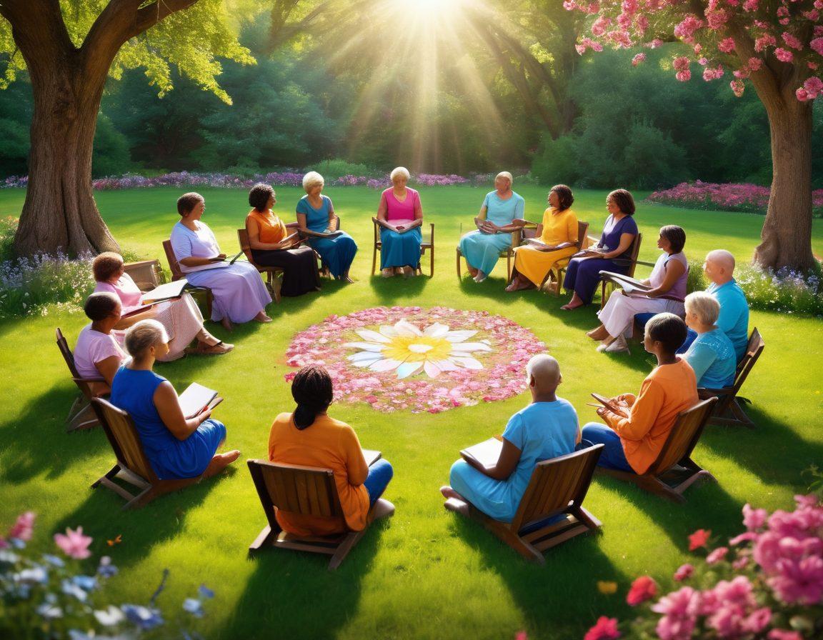 A serene scene depicting a diverse group of cancer warriors engaged in a vibrant support circle, sharing knowledge and strategies, surrounded by uplifting symbols of hope like butterflies and blooming flowers. Include elements representing health and healing, like books, essential oils, and fresh fruits, set in a sunlit park. Emotionally engaging facial expressions and gestures of camaraderie should radiate empowerment. super-realistic. vibrant colors. soft focus.